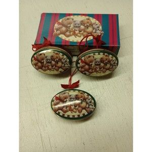 Morehead Giftco Inc Set Of 3 Teddy Bear Tin Christmas Tree Ornament 3” X 2” NIB